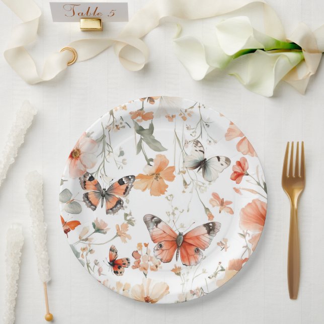 Plato De Papel Mariposa Meadow Watercolor Bonito Brilla Shower (Boda)