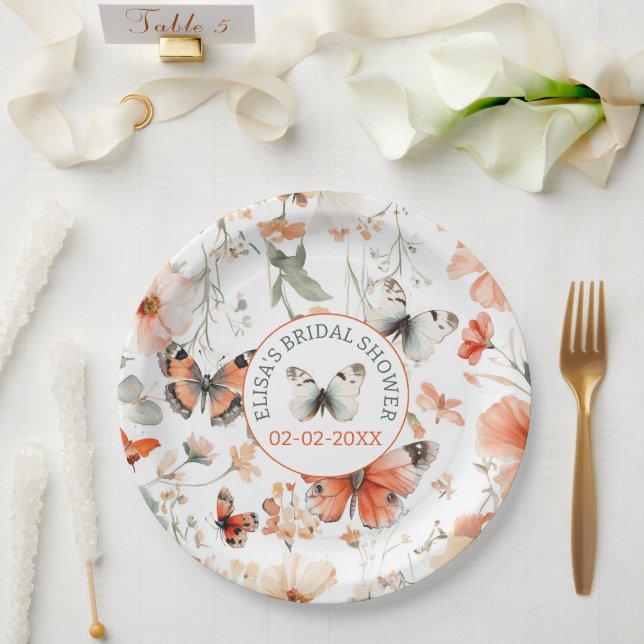 Plato De Papel Mariposa Meadow Watercolor PERSONALIZADO Bridal Sh (Boda)
