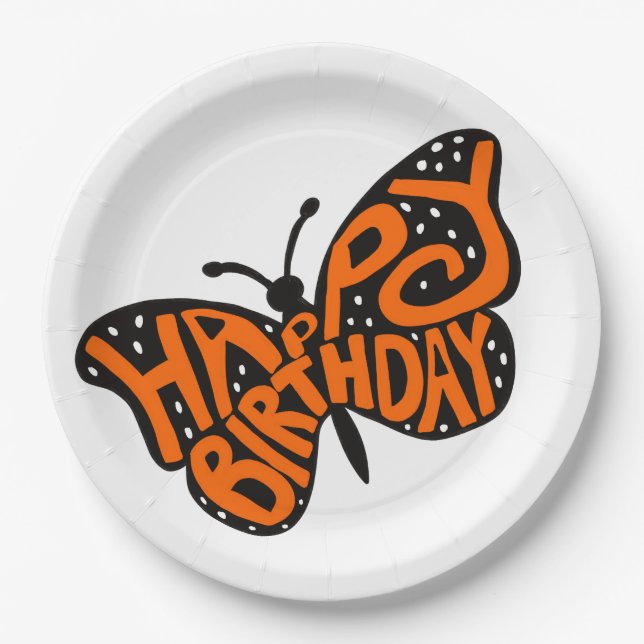 Plato De Papel Mariposa monarca negra y Naranja Feliz cumpleaños (Anverso)