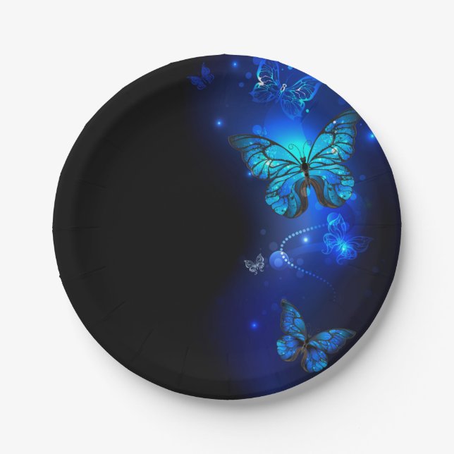 Plato De Papel Mariposa morfo en el fondo oscuro (Anverso)