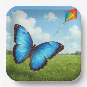 Plato De Papel Mariposa Morpho Común Volando una Cometa