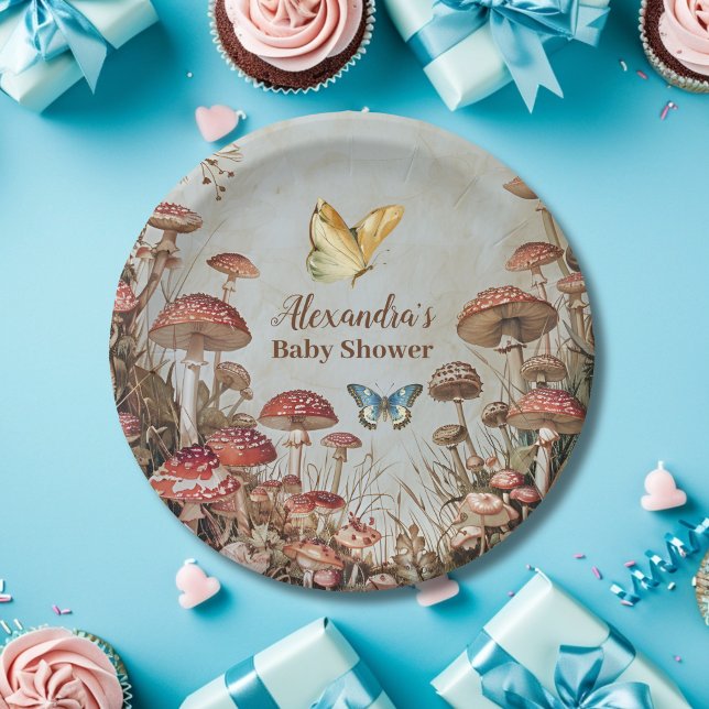 Plato De Papel Mariposa Mushroom Woodland Nature Baby Shower (Subido por el creador)