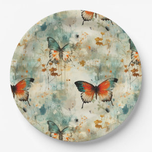 Plato De Papel Mariposa naranja azul verdoso antigua Flor blanca