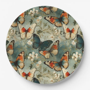 Plato De Papel Mariposa naranja azul verdoso antigua Flor blanca
