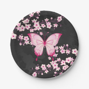 Plato De Papel Mariposa negra rosa y flores de cerezo