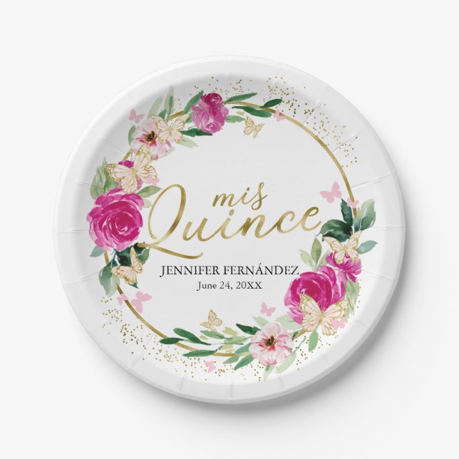 Plato De Papel Mariposa Quinceanera Placas de papel Flor rosa cal (Anverso)