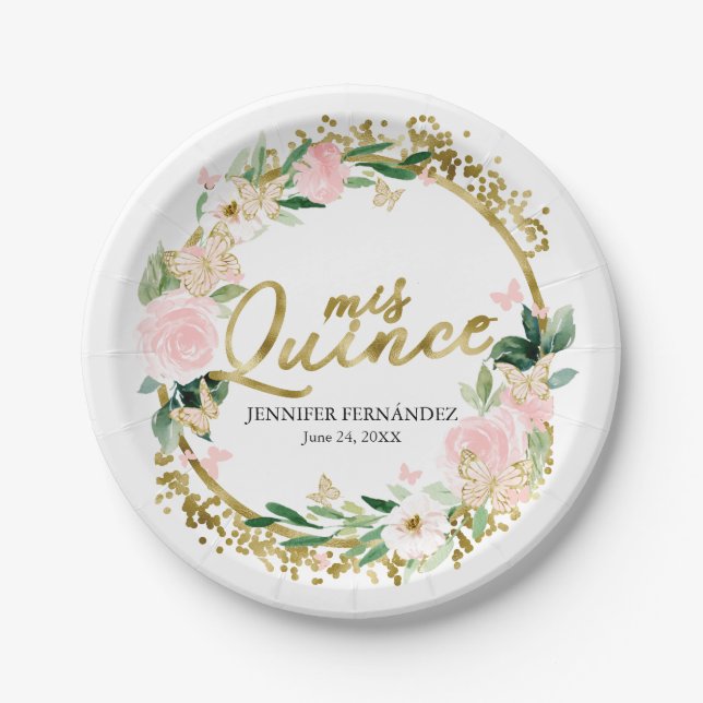 Plato De Papel Mariposa Quinceanera Placas de papel Rubor Floral (Anverso)