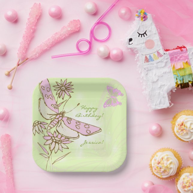 Plato De Papel Mariposa Rosa Limón Lima (Fiesta)