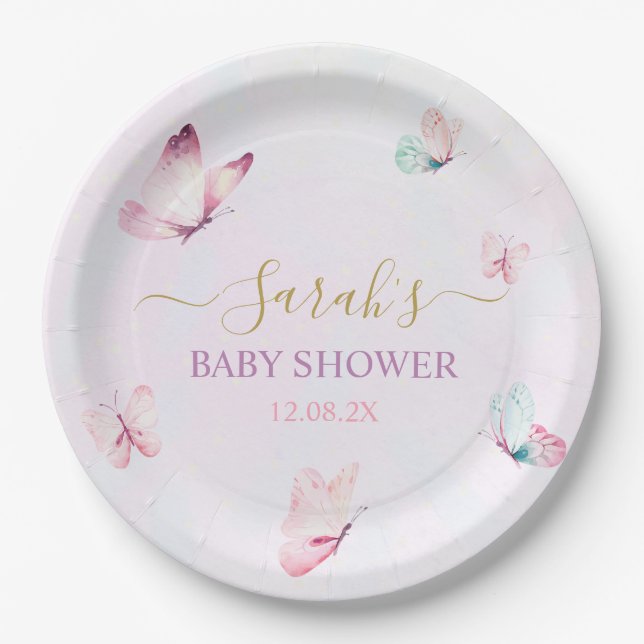 Plato De Papel Mariposa rosa púrpura encantada (Anverso)