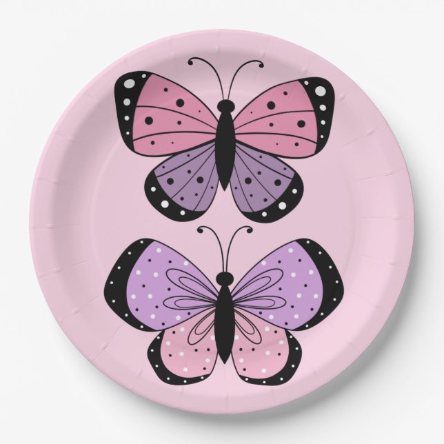 Plato De Papel Mariposa rosa y púrpura (Anverso)