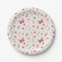 Plato De Papel Mariposa y flores botánico rosa pastel