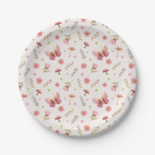 Plato De Papel Mariposa y flores botánico rosa pastel