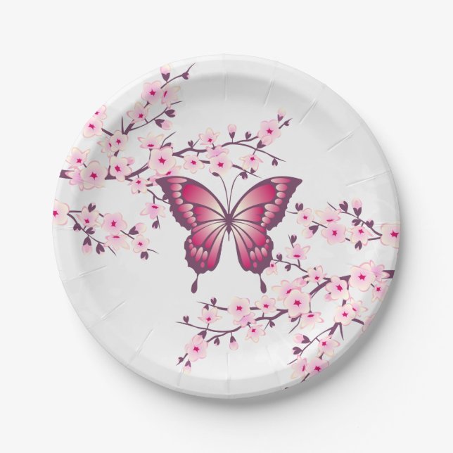Plato De Papel Mariposa Y Flores De Cerezo Blanco Rosa (Anverso)