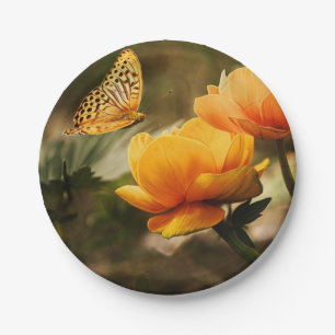 Plato De Papel Mariposa y flores naranjas