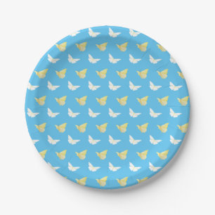 Plato De Papel Mariposas amarillas blancas y claras volando azul
