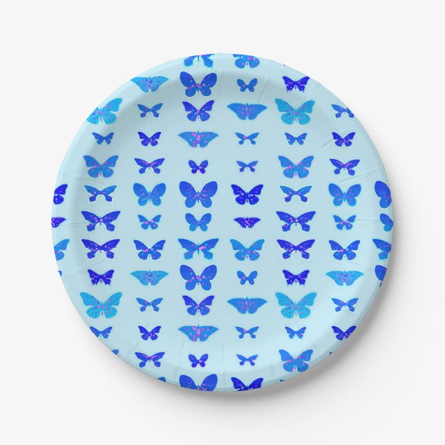 Plato De Papel Mariposas, añil, fondo azul celeste (Anverso)
