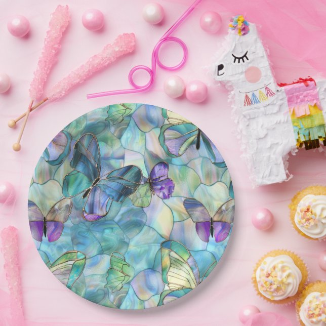 Plato De Papel Mariposas azul turquesa púrpura (Fiesta)