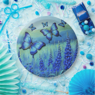 Plato De Papel Mariposas Azules con Flores Azules,