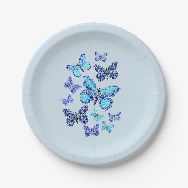 Plato De Papel Mariposas azules en puntos (Anverso)