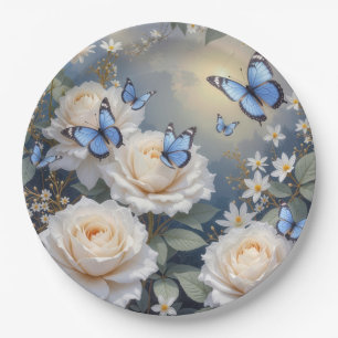 Plato De Papel Mariposas Azules Sobre Rosas Blancas y Margaritas