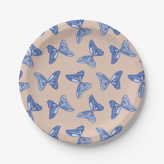 Plato De Papel Mariposas azules y marrones (Anverso)