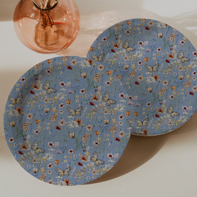 Plato De Papel Mariposas Blue Boho (Dusty Blue Boho Floral Butterflies Paper Plates by Painted Paperie
)