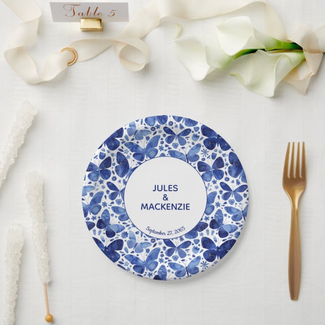 Plato De Papel Mariposas Boda azul índigo (Boda)