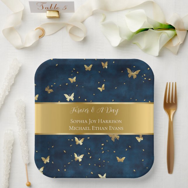 Plato De Papel Mariposas Bodas de Oro Azul  (Boda)