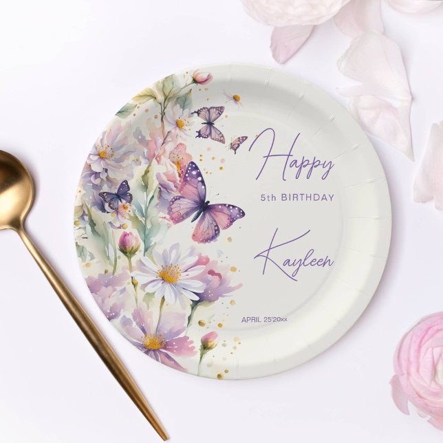 Plato De Papel Mariposas cumpleaños lavanda morado impreso (Butterflies birthday party tableware enchanted garden lavender purple printed paper plates)