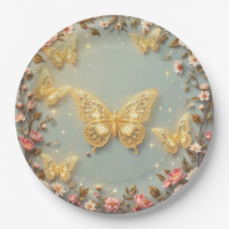 Plato De Papel Mariposas de filigrana dorada con decoración flora