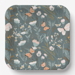 Plato De Papel Mariposas de verano y flores silvestres