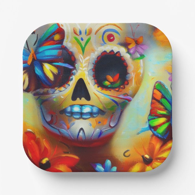 Plato De Papel Mariposas del Día de Muertos 2 (Anverso)