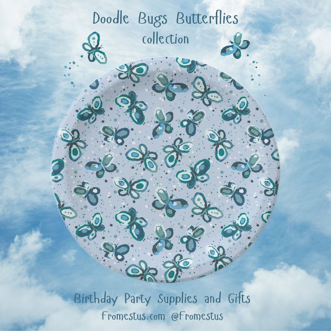 Plato De Papel Mariposas Doodle Bugs - azul - patrón continuo. (Subido por el creador)