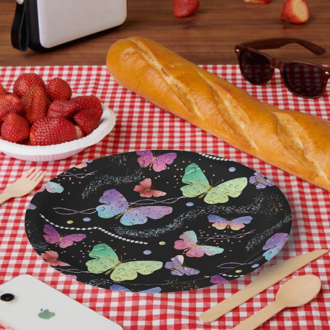 Plato De Papel Mariposas elegantes violeta y azul brillante (Picnic)