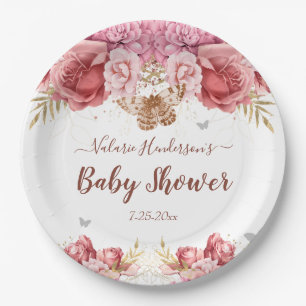 Plato De Papel Mariposas florales Baby Shower rosa