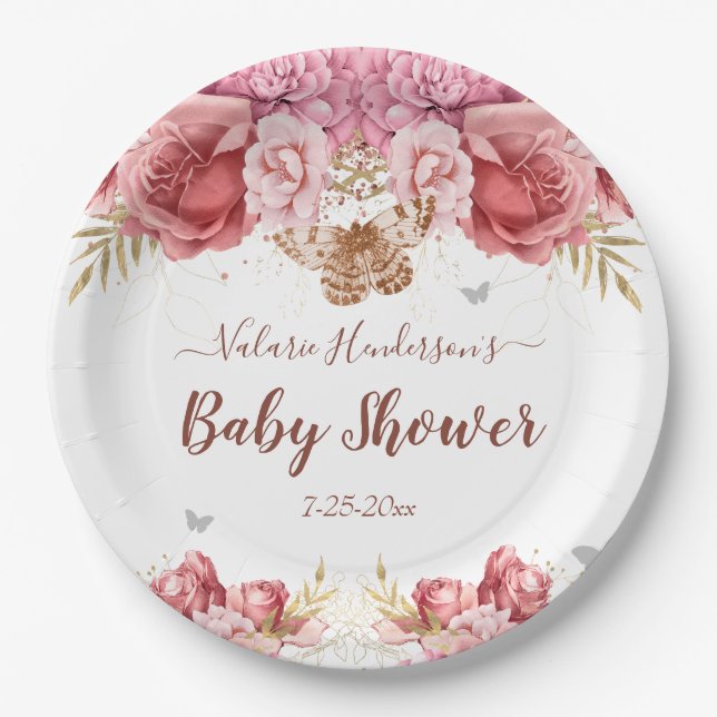 Plato De Papel Mariposas florales Baby Shower rosa (Anverso)