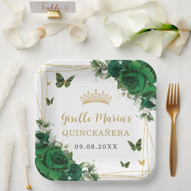 Plato De Papel Mariposas florales Emerald Green Quinceañera (Boda)