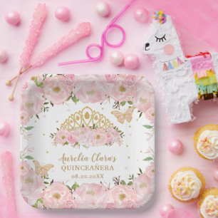 Plato De Papel Mariposas Florales Rosa Rubor Tiara QUINCEAÑERA P