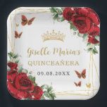 Plato De Papel Mariposas Florales Roses Rojas Quinceañera<br><div class="desc">Coordine su fiesta con estas elegantes placas de papel floral de rosas rojas personalizadas. Personalícelos fácil y rápidamente, simplemente haga clic en el botón personalizar más adelante para editar los textos, cambiar fuentes y tipos de letra. Con hermosas rosas rojas acuarelas, flores doradas y un marco geométrico dorado. Elementos coincidentes...</div>