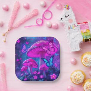 Plato De Papel Mariposas, flores y hongos-