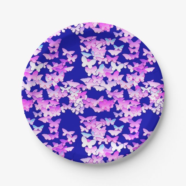 Plato De Papel Mariposas, lavanda y azul oscuro (Anverso)