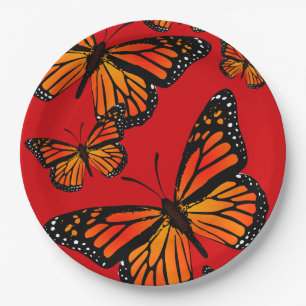 Plato De Papel Mariposas monarcas en rojo