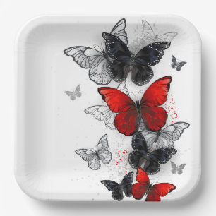 Plato De Papel Mariposas Morfo Negras y Rojas Volando