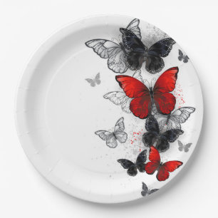 Plato De Papel Mariposas Morpho voladoras negras y rojas