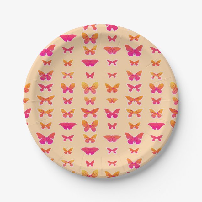 Plato De Papel Mariposas, naranja suave, rosa coral, oro (Anverso)