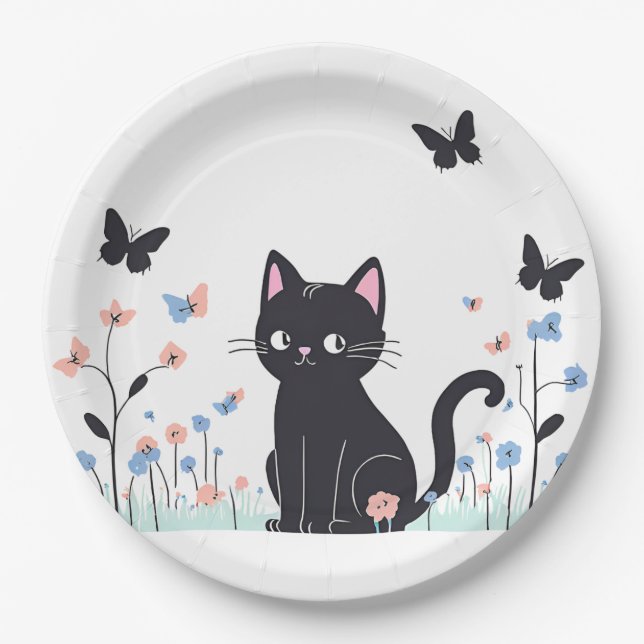 Plato De Papel Mariposas observadoras de gato negro (Anverso)