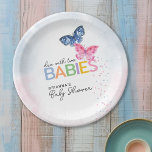 Plato De Papel Mariposas por dos bebés Baby Shower<br><div class="desc">Estas lindas placas de papel para bebés con mariposa presentan una mariposa rosa y azul para un evento con temática de gemelos perfecto para un niño y un chica. El diseño se acentúa con el lúgubre texto "debido a dos BABIES" que combina la escritura a mano a la moda con...</div>
