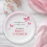Plato De Papel Mariposas rosadas Girly Baby Shower<br><div class="desc">Este plato de papel con tema de mariposa rosa es perfecto para una ducha de bebé que honra a una niña. El diseño presenta el texto "besos de mariposa y deseos de bebé" y se acentúa con mariposas color agua rosa y texto multicolor.</div>