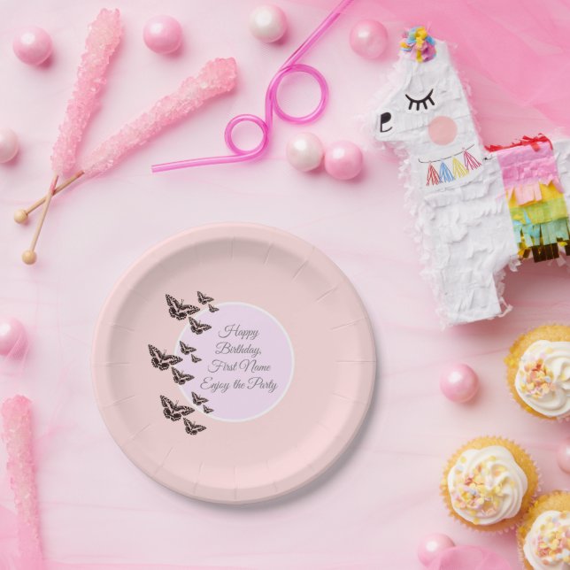 Plato De Papel mariposas rosadas Rosas (Fiesta)