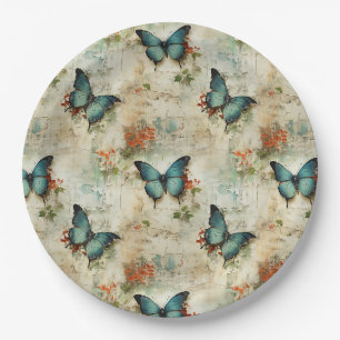Plato De Papel Mariposas Turquesa Vintage Floral Rústico